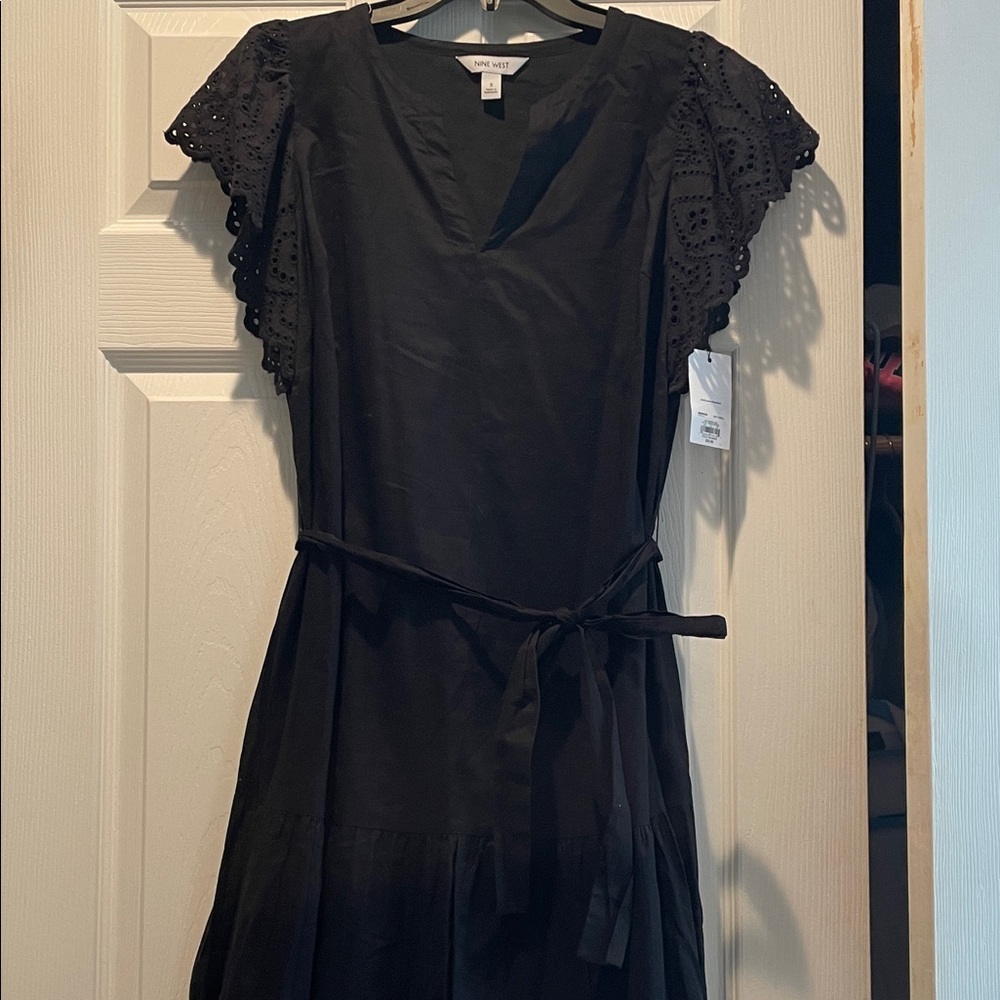 NWT Nine West Black Midi Dress with scalloped ruffle sleeves-Size S - Picture 7 of 7